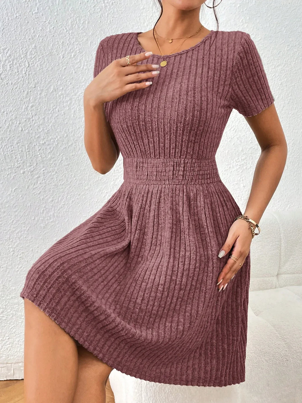 Ribbed Knit A-Line Dress — Women's | Fitted Stretch Silhouette | Textured Everyday