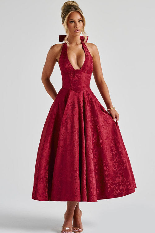 Genevieve — Jacquard Halter Maxi Dress | Textured Woven | Luxe Resort