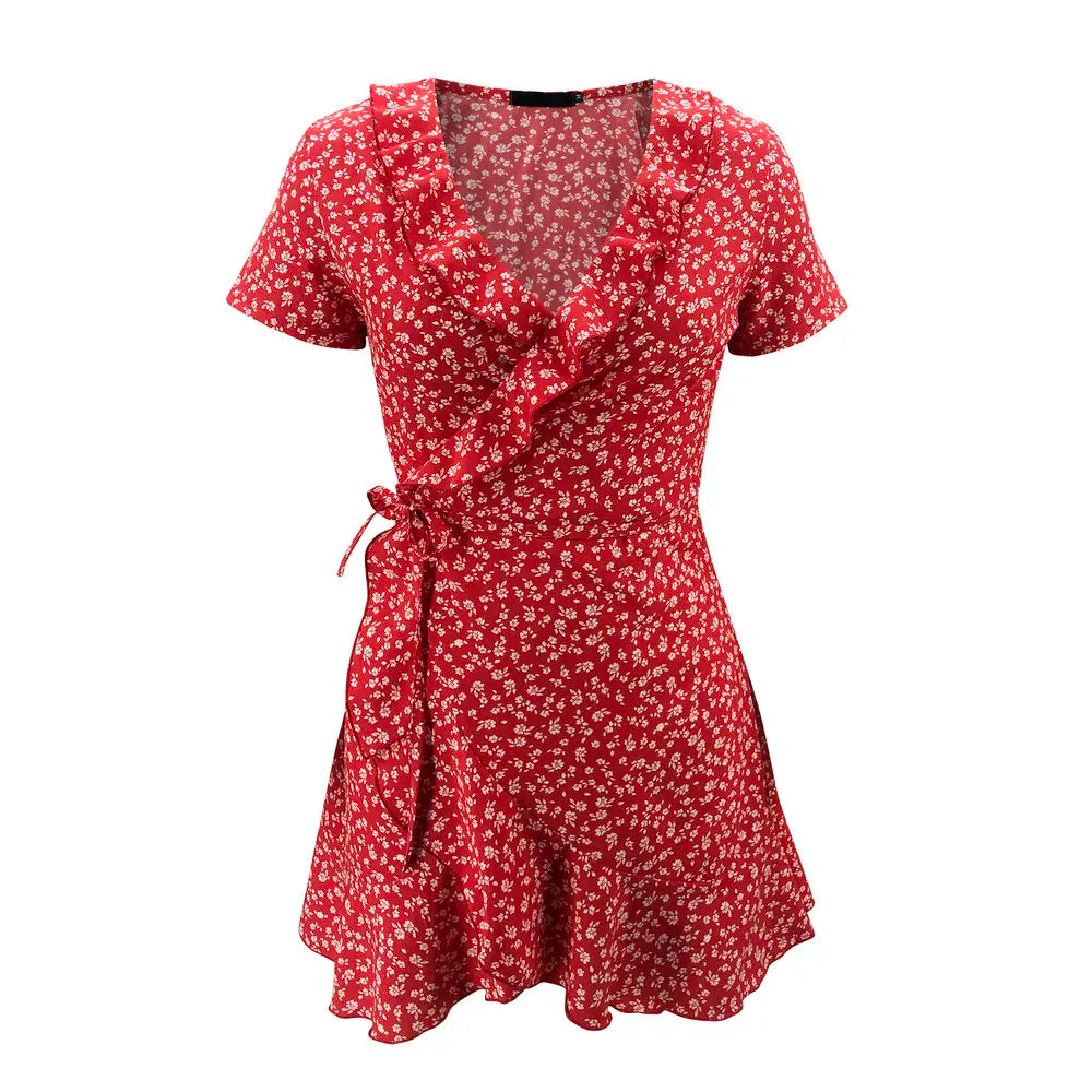 Floral Ruffle Wrap Woven Mini Dress — Women's | Adjustable Wrap Fit | Feminine Occasion