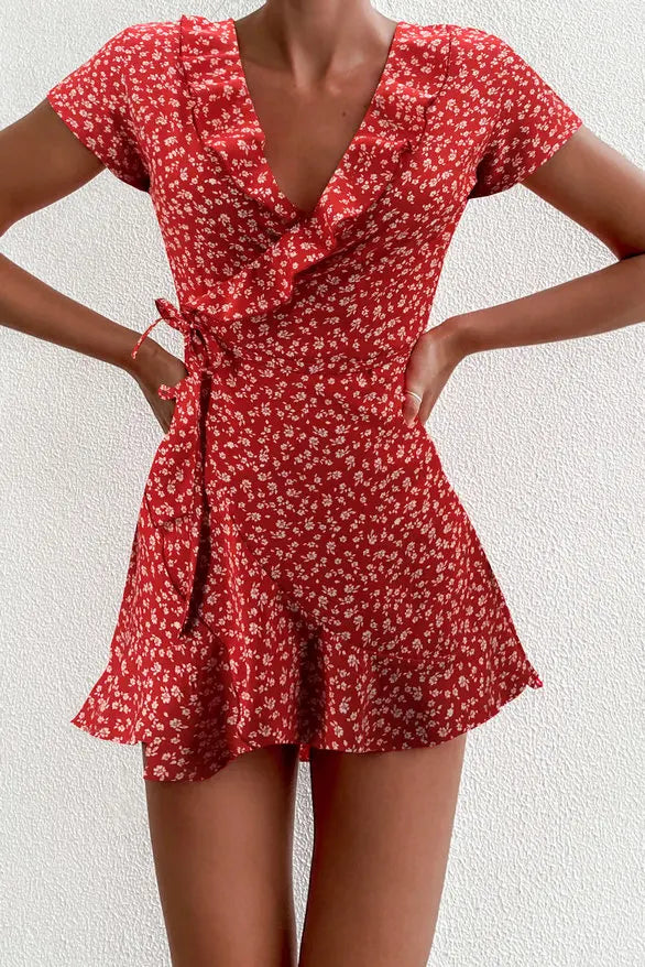 Floral Ruffle Wrap Woven Mini Dress — Women's | Adjustable Wrap Fit | Feminine Occasion