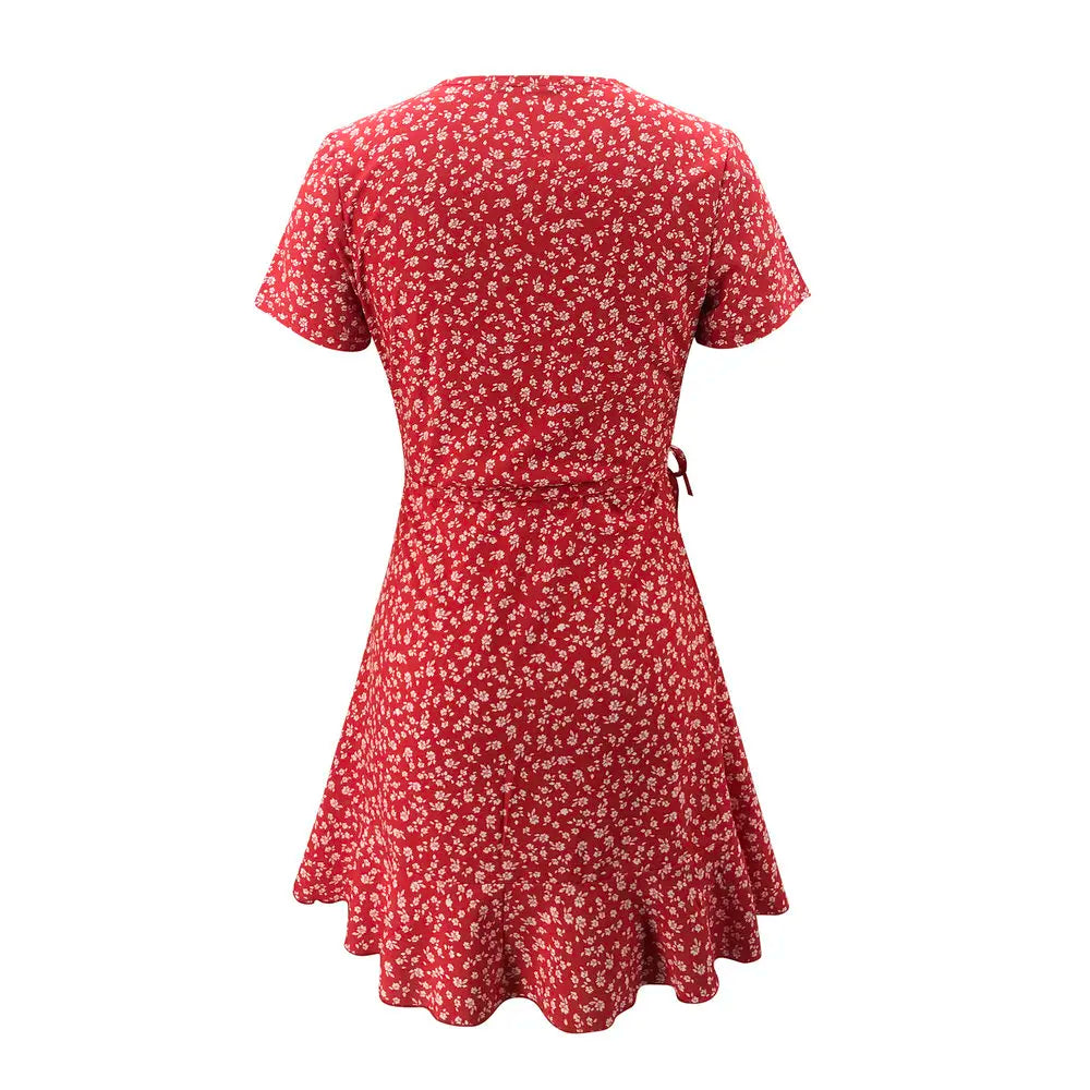 Floral Ruffle Wrap Woven Mini Dress — Women's | Adjustable Wrap Fit | Feminine Occasion