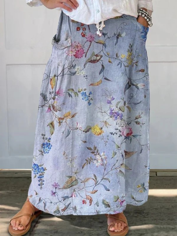Jeda — Vintage Blue Print Woven Pocket Skirt | Elastic Waist | Artisan Style