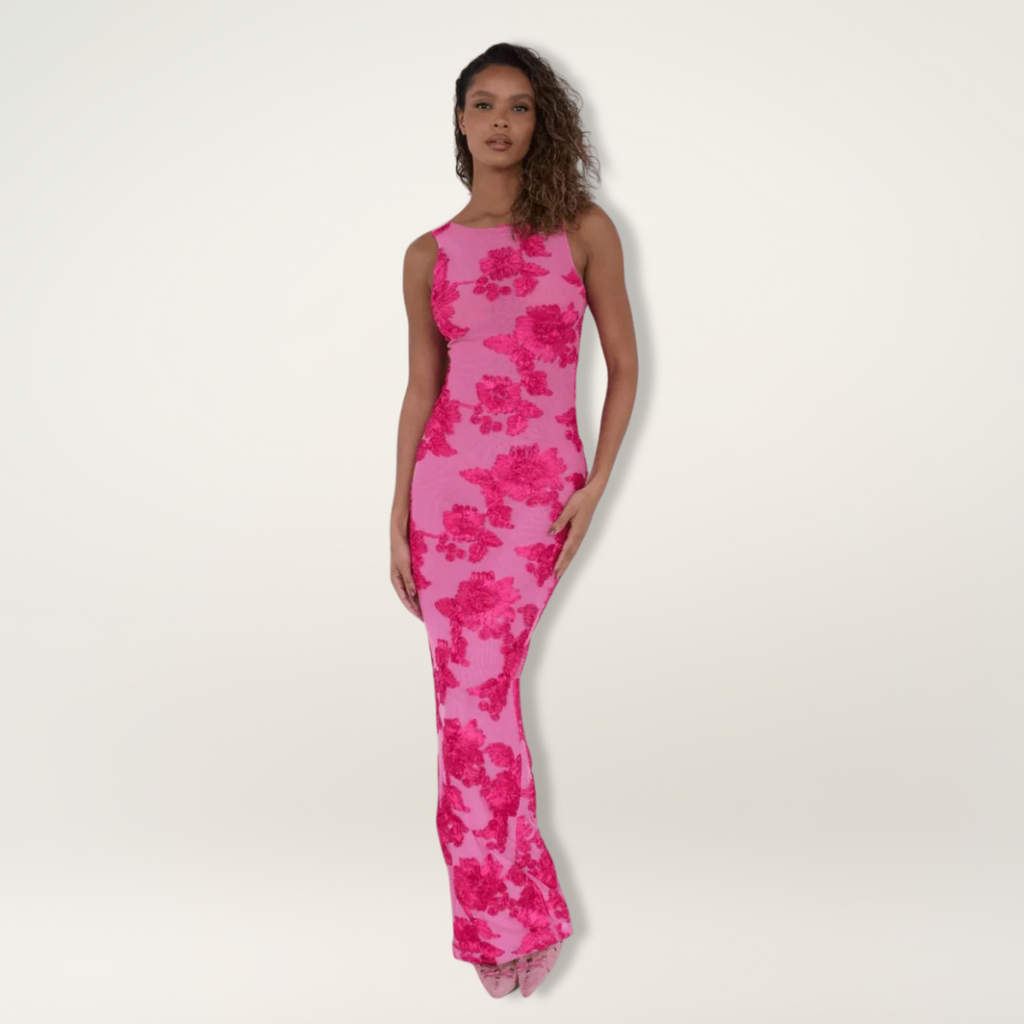 Lily — Pink Floral Woven Maxi Dress | Flowing Silhouette | Garden & Resort