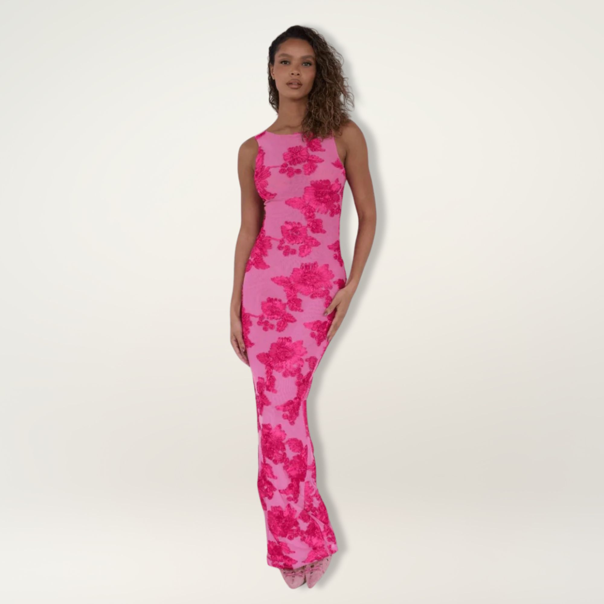 Lily — Pink Floral Woven Maxi Dress | Flowing Silhouette | Garden & Resort
