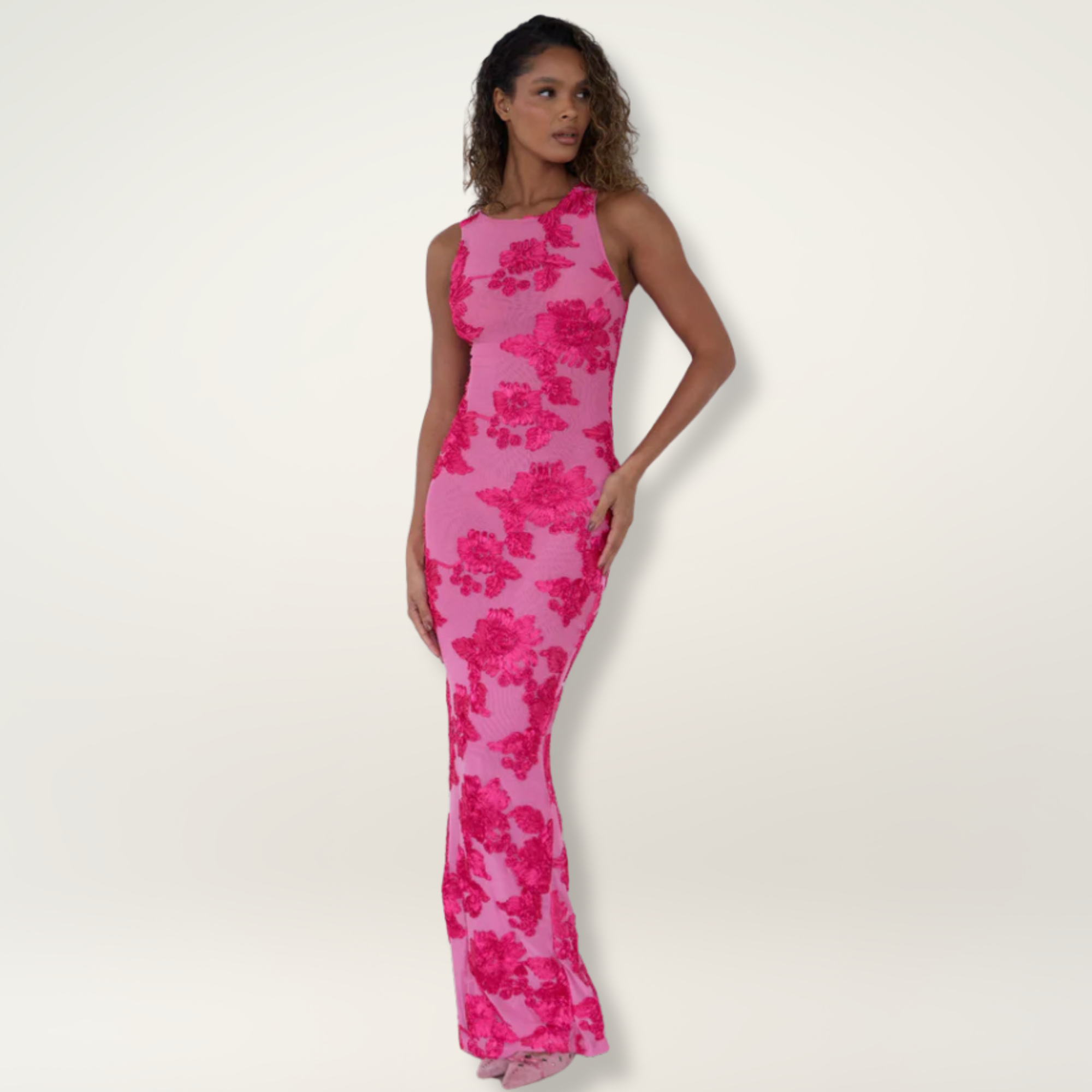 Lily — Pink Floral Woven Maxi Dress | Flowing Silhouette | Garden & Resort