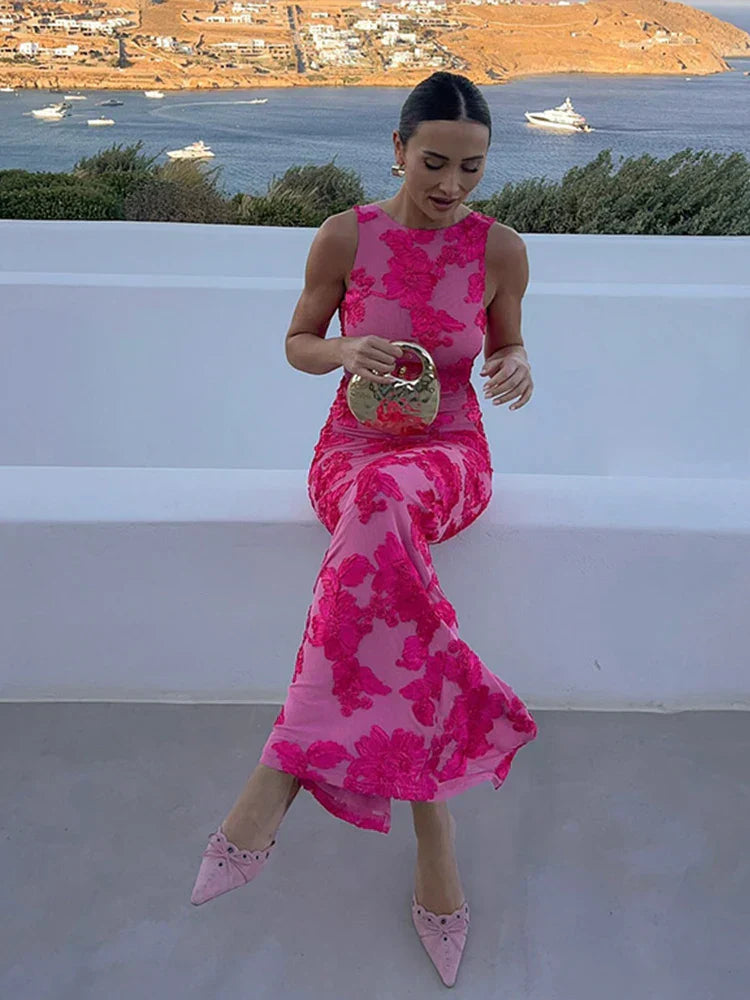Lily — Pink Floral Woven Maxi Dress | Flowing Silhouette | Garden & Resort