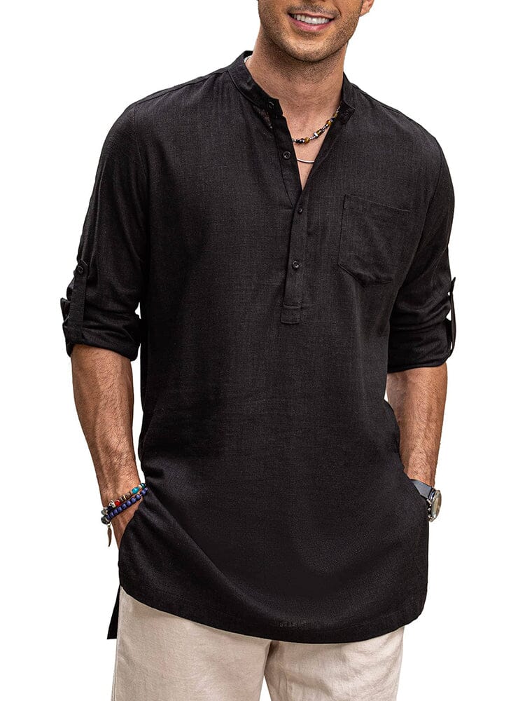 Linen Henley Long-Sleeve Shirt with Pocket — Men's | Relaxed Fit | Breathable Essential