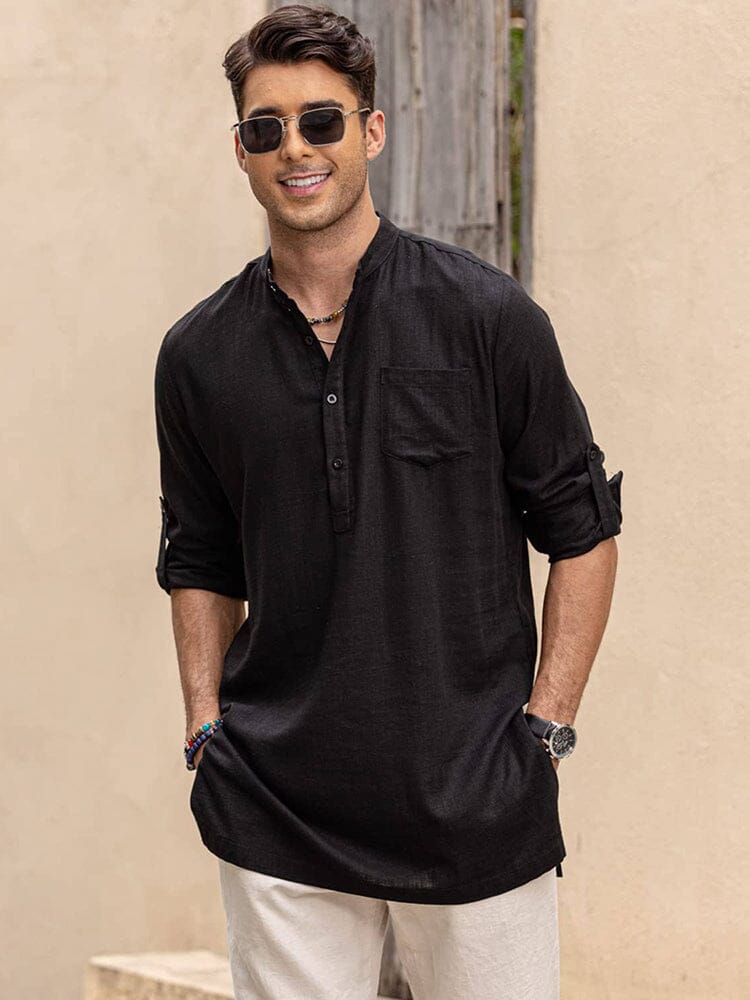 Linen Henley Long-Sleeve Shirt with Pocket — Men's | Relaxed Fit | Breathable Essential