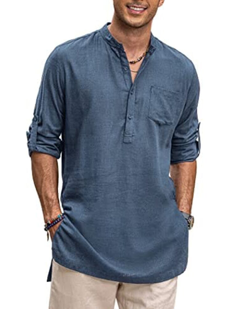 Linen Henley Long-Sleeve Shirt with Pocket — Men's | Relaxed Fit | Breathable Essential
