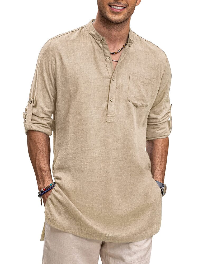 Linen Henley Long-Sleeve Shirt with Pocket — Men's | Relaxed Fit | Breathable Essential