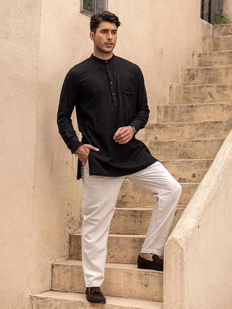 Linen Henley Long-Sleeve Shirt with Pocket — Men's | Relaxed Fit | Breathable Essential