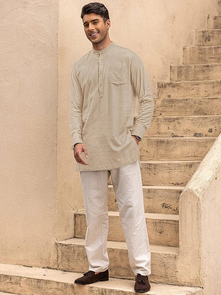 Linen Henley Long-Sleeve Shirt with Pocket — Men's | Relaxed Fit | Breathable Essential