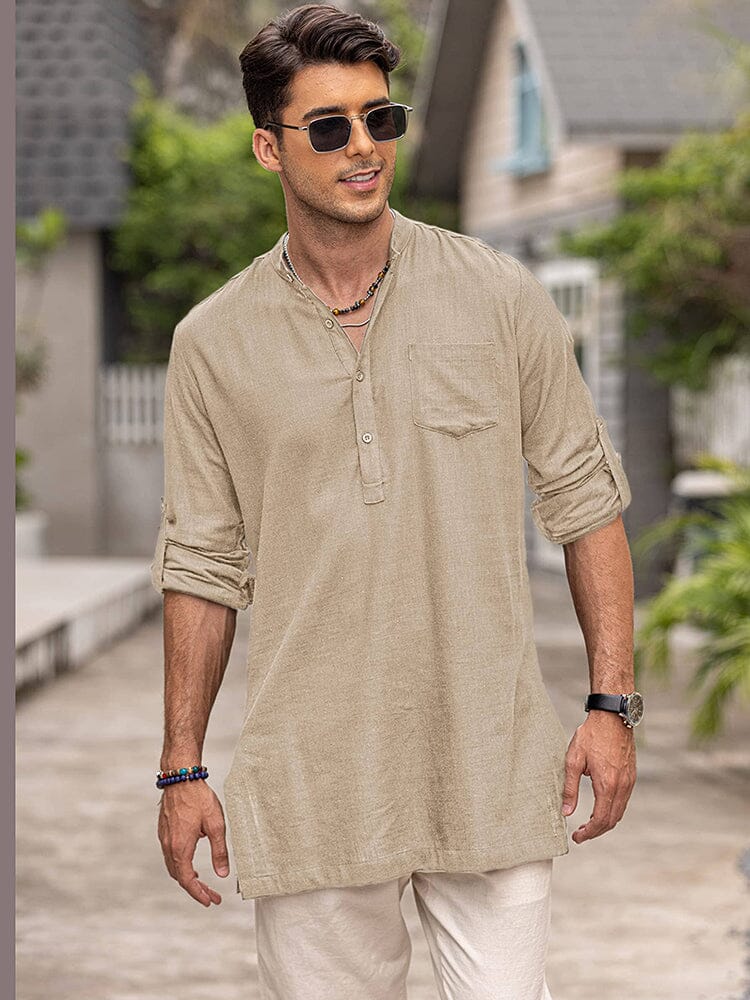 Linen Henley Long-Sleeve Shirt with Pocket — Men's | Relaxed Fit | Breathable Essential