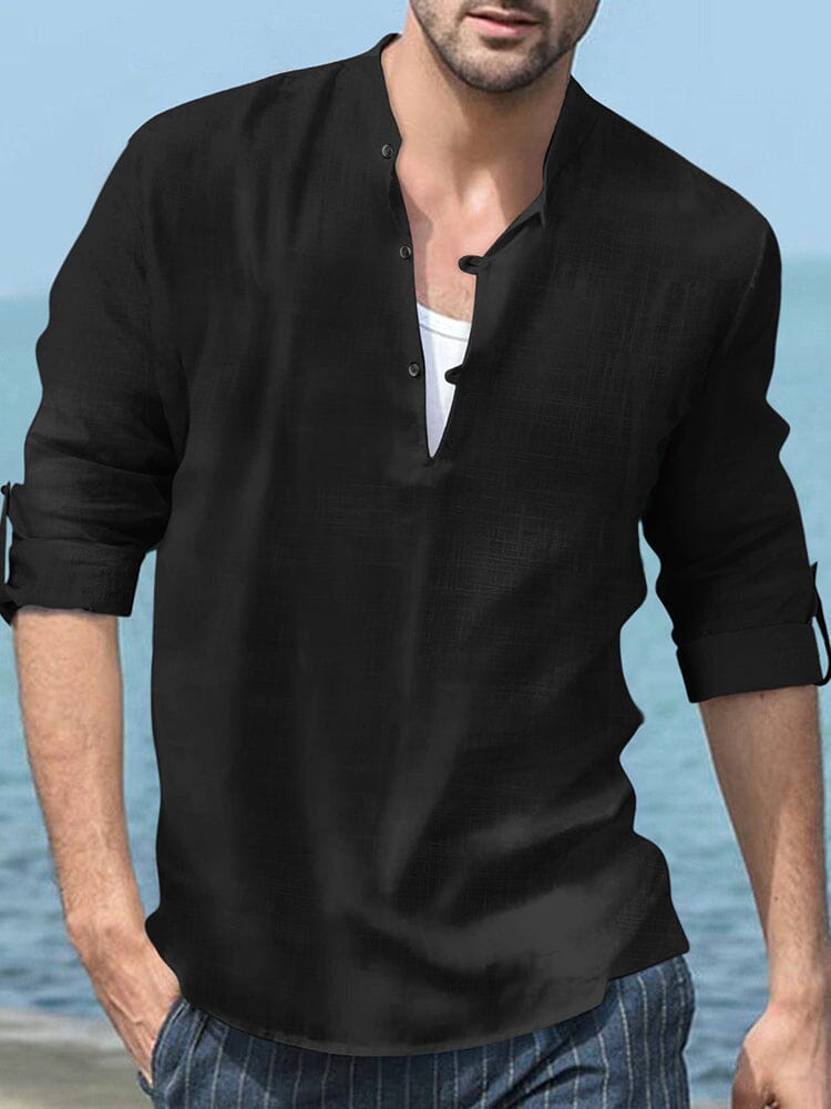 Linen Henley Long-Sleeve Beach Shirt — Men's | Relaxed Open Placket | Resort Essential