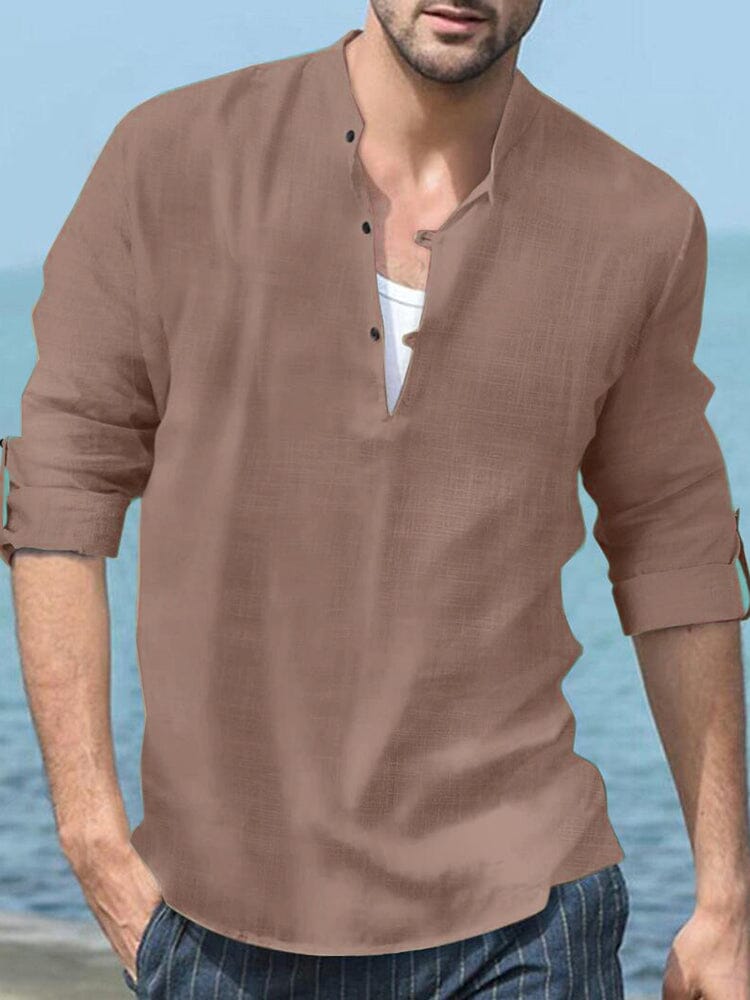 Linen Henley Long-Sleeve Beach Shirt — Men's | Relaxed Open Placket | Resort Essential