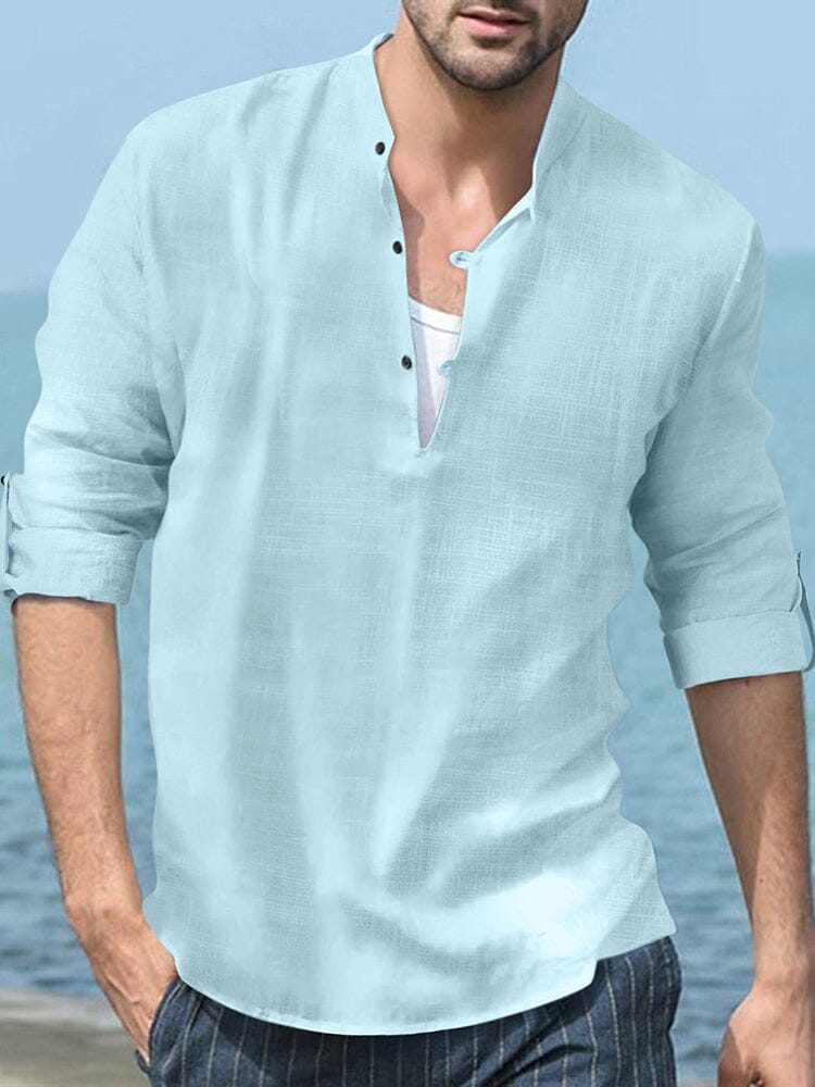 Linen Henley Long-Sleeve Beach Shirt — Men's | Relaxed Open Placket | Resort Essential