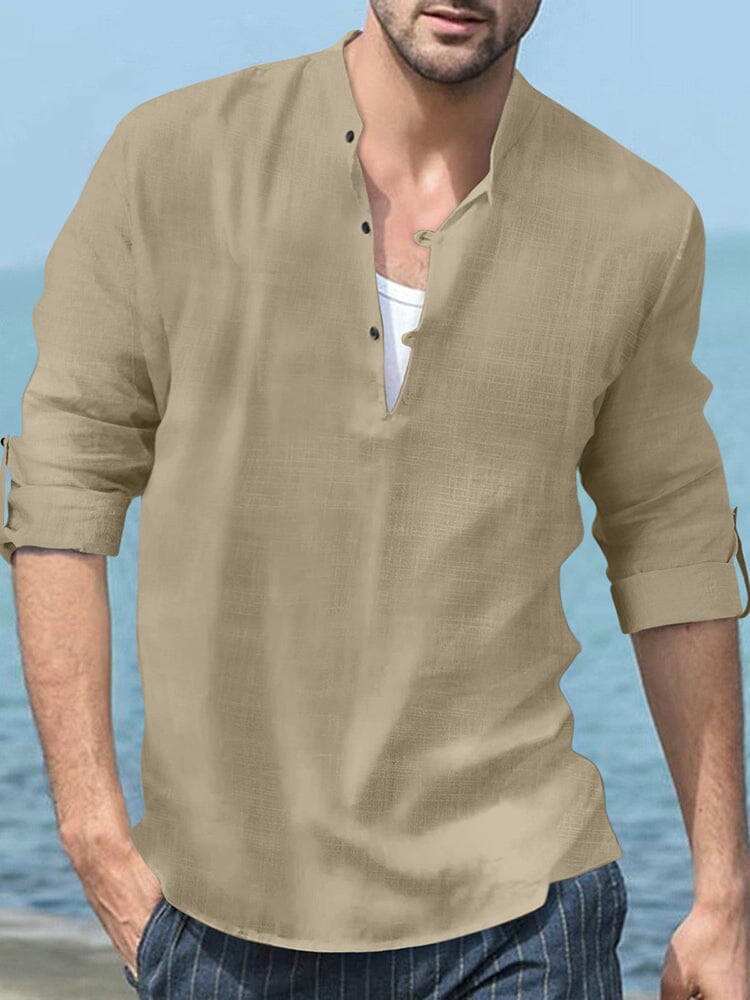 Linen Henley Long-Sleeve Beach Shirt — Men's | Relaxed Open Placket | Resort Essential