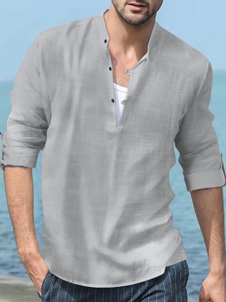Linen Henley Long-Sleeve Beach Shirt — Men's | Relaxed Open Placket | Resort Essential