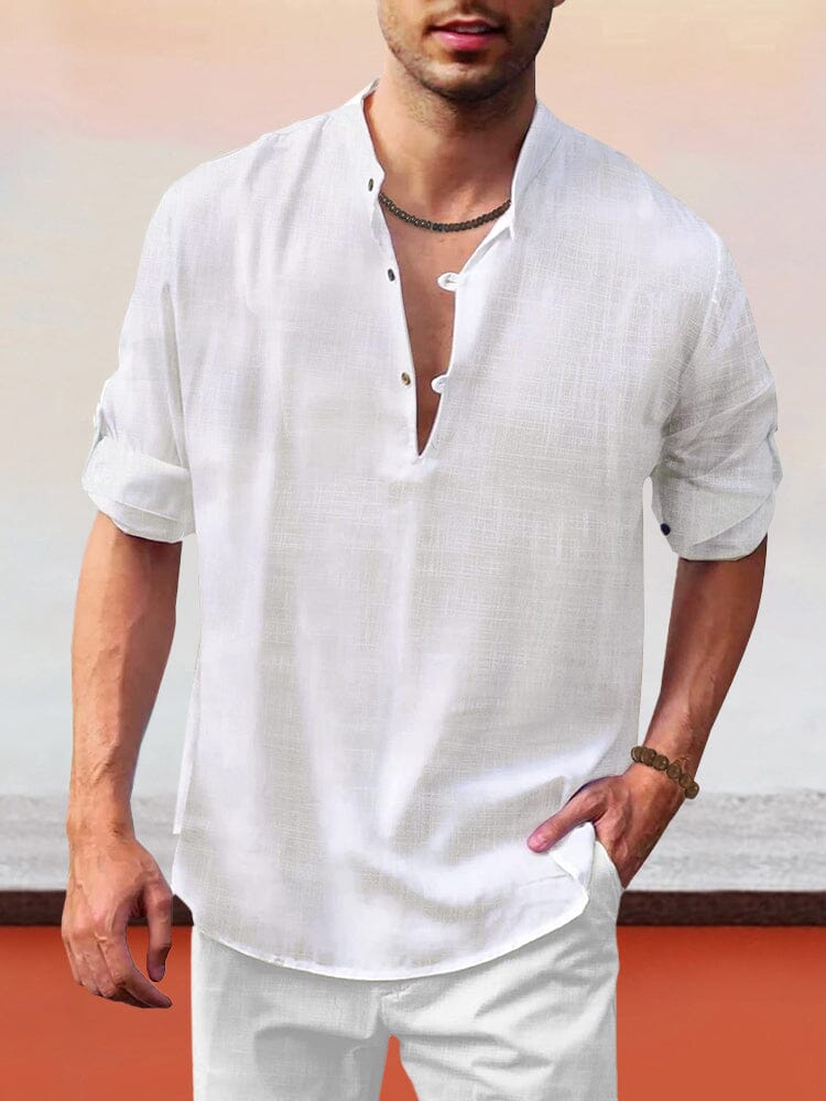 Linen Henley Long-Sleeve Beach Shirt — Men's | Relaxed Open Placket | Resort Essential