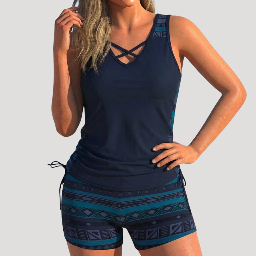 Nerida — Crisscross V-Neck Tankini with Shorts | Modest Coverage | Chic & Covered