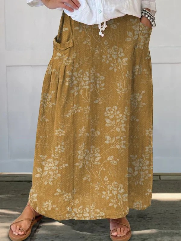 Princess — Floral Woven Pocket Midi Skirt | Elastic Waist | Romantic & Timeless