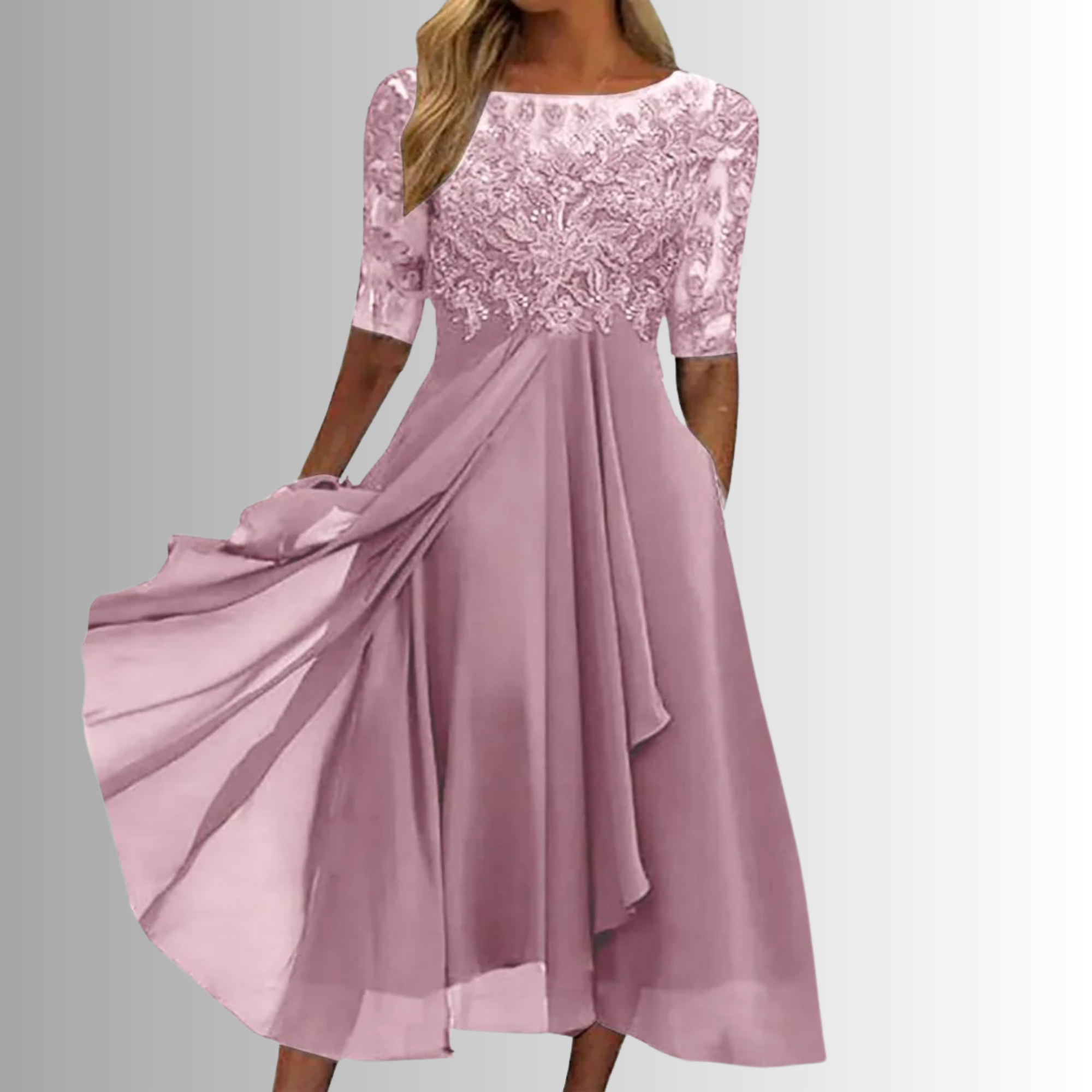 Rhonda — Lace-Detail Midi Dress | Delicate Overlay | Romantic Evening