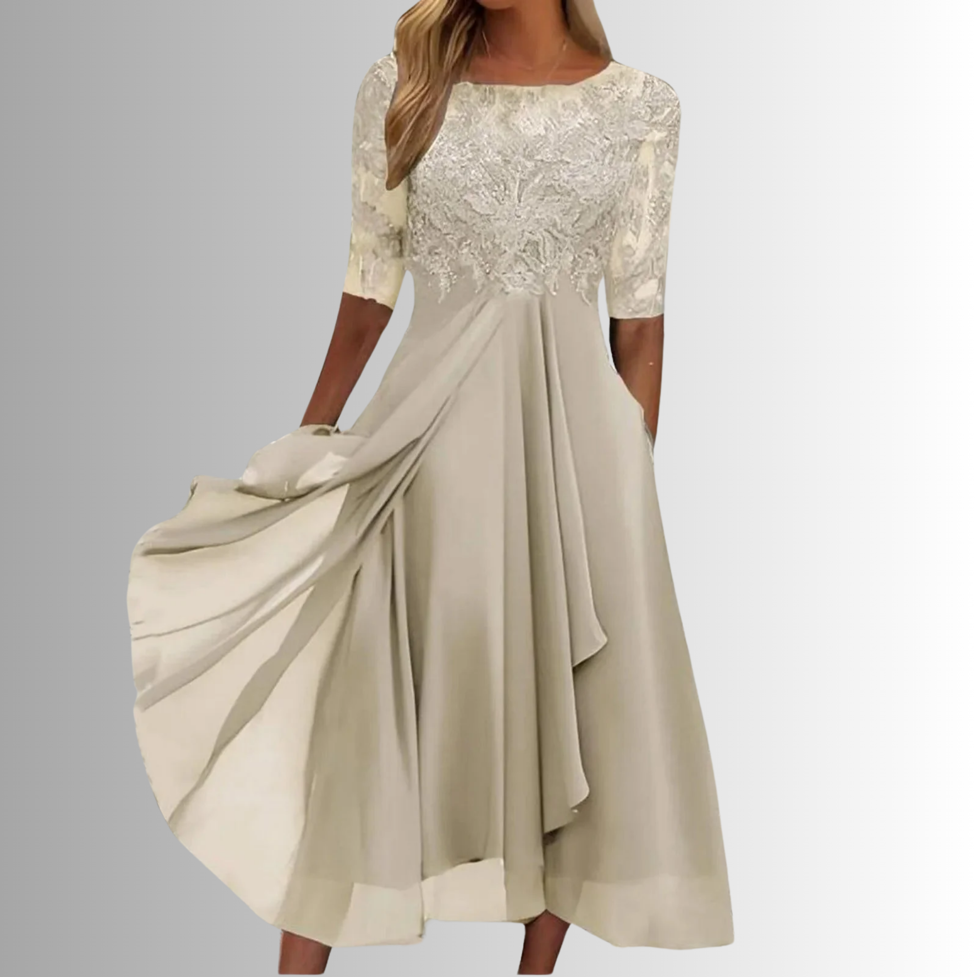 Rhonda — Lace-Detail Midi Dress | Delicate Overlay | Romantic Evening