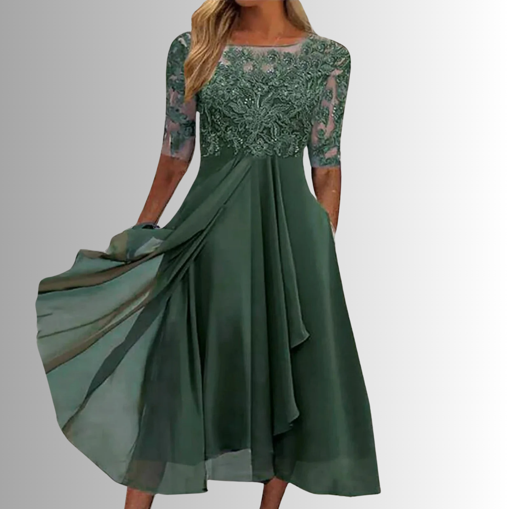 Rhonda — Lace-Detail Midi Dress | Delicate Overlay | Romantic Evening