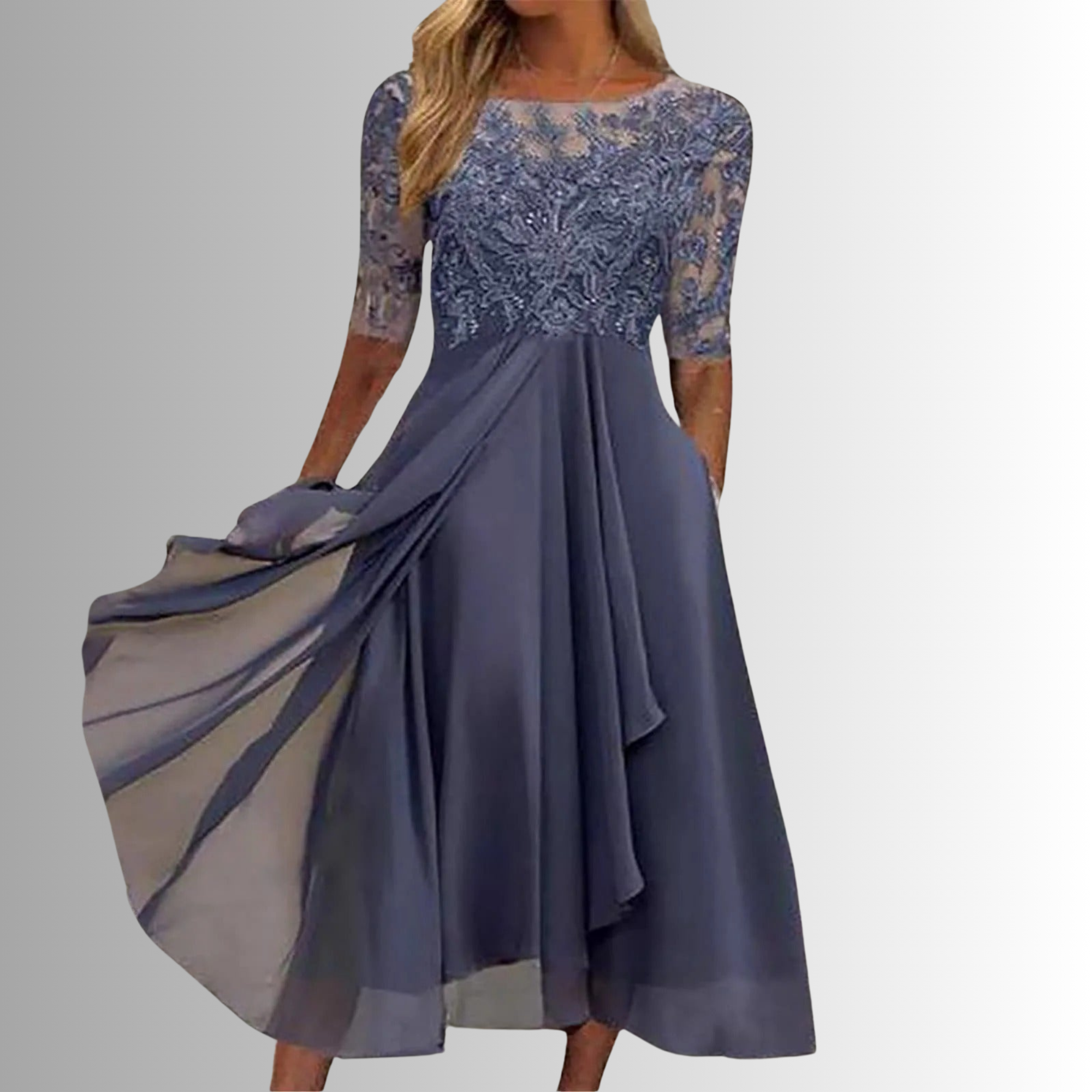 Rhonda — Lace-Detail Midi Dress | Delicate Overlay | Romantic Evening