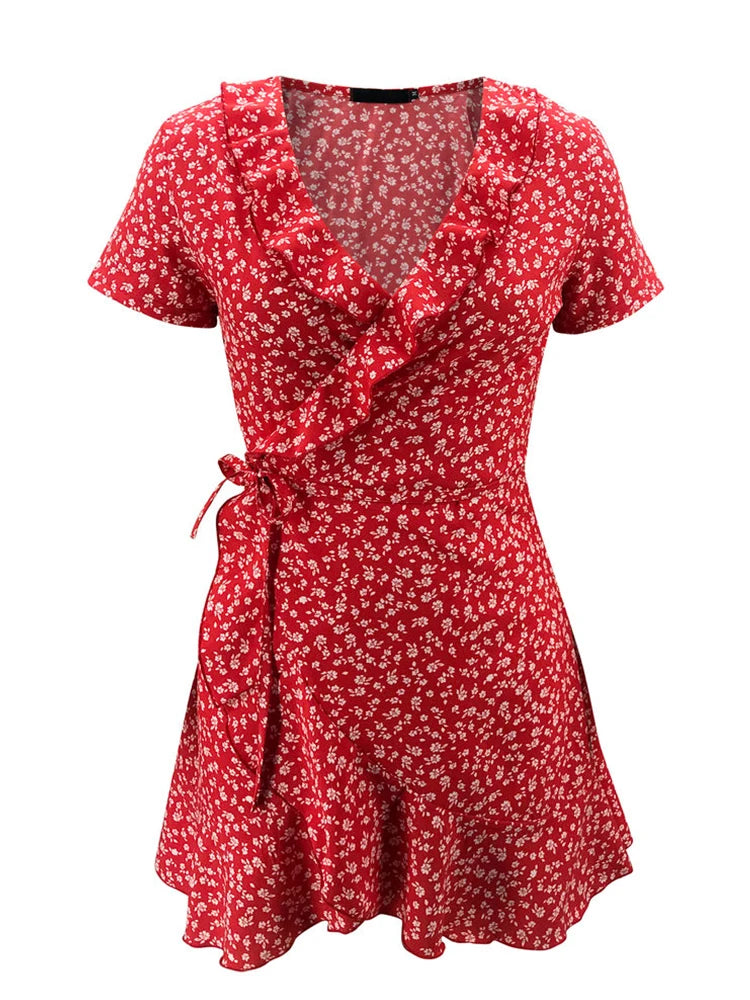Floral Ruffle Wrap Woven Mini Dress — Women's | Adjustable Wrap Fit | Feminine Occasion