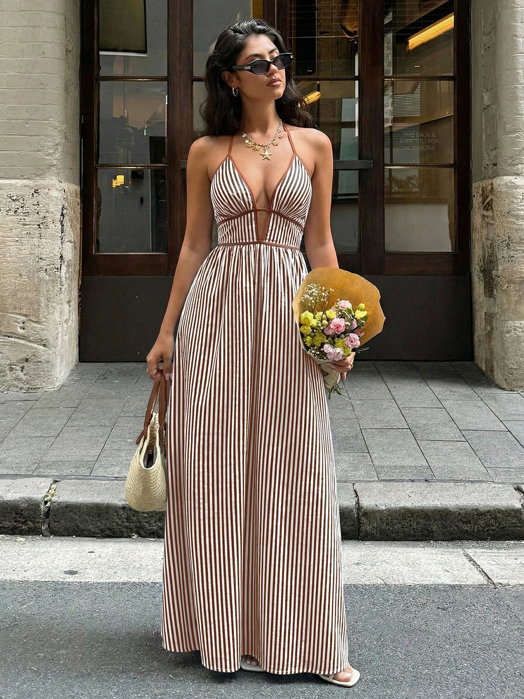 Striped V-Neck Woven Maxi Dress — Women's | Relaxed Fit | Beach & Resort