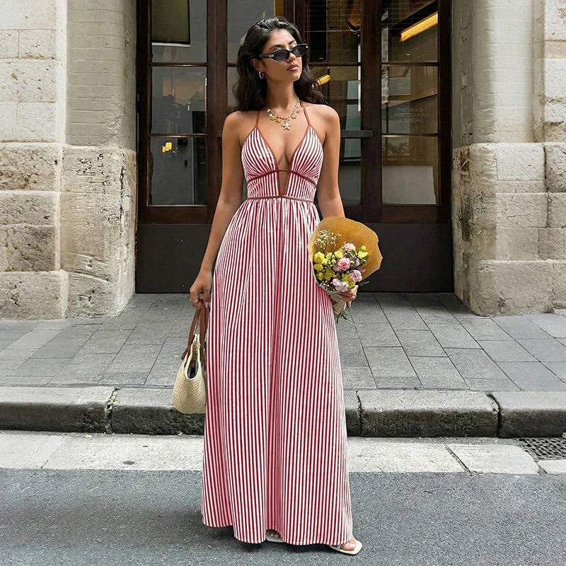 Striped V-Neck Woven Maxi Dress — Women's | Relaxed Fit | Beach & Resort
