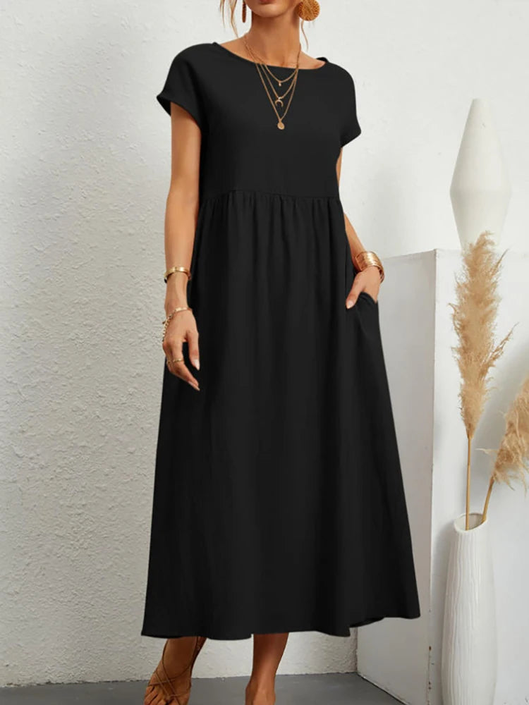 Linen Woven Pocket Maxi Dress — Women's | Relaxed Fit | Effortless Everyday