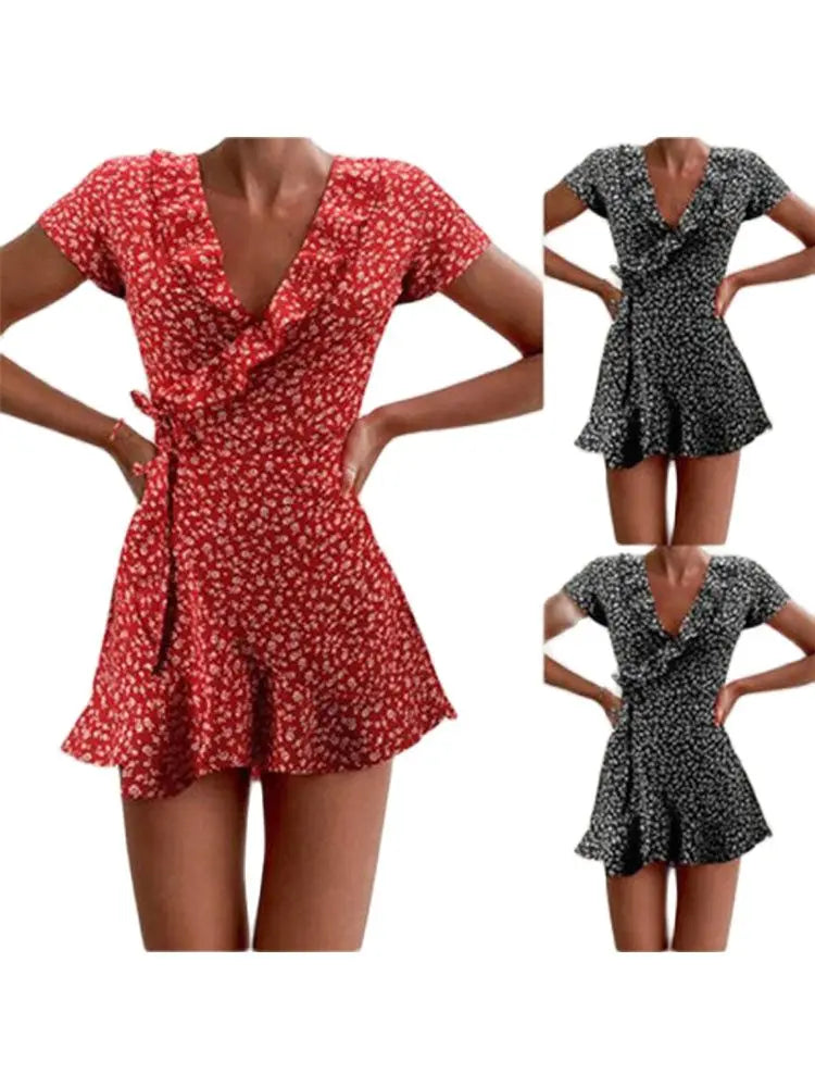 Floral Ruffle Wrap Woven Mini Dress — Women's | Adjustable Wrap Fit | Feminine Occasion