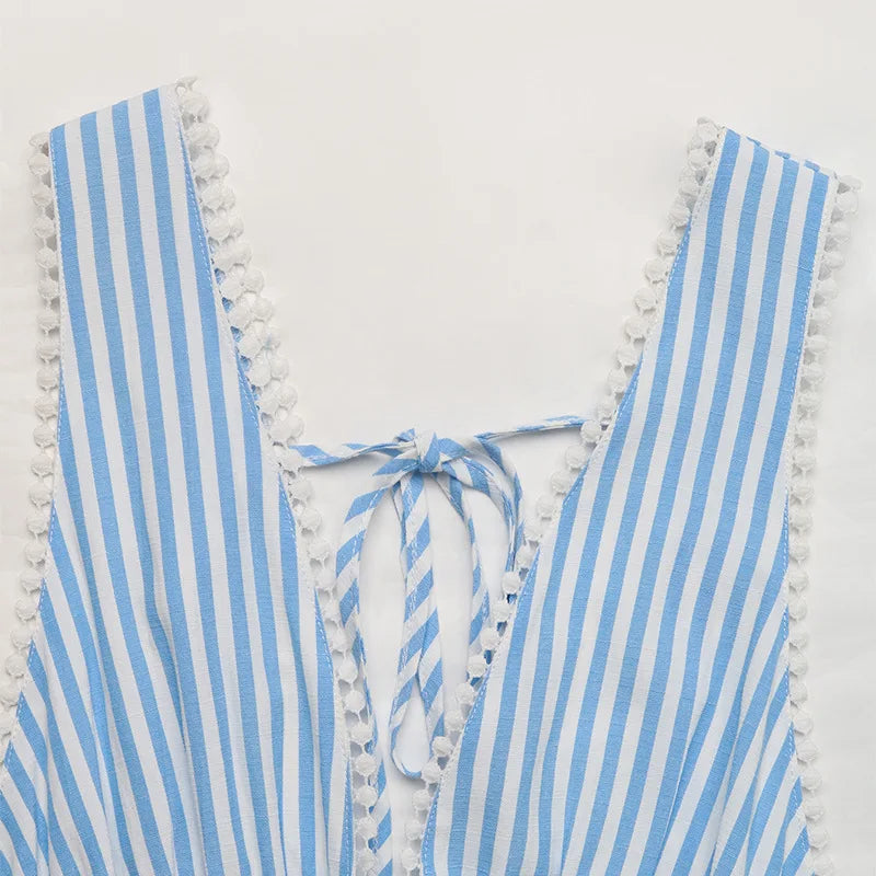 Striped Lace-Up Woven Mini Dress — Women's | Fitted Silhouette | Playful Summer