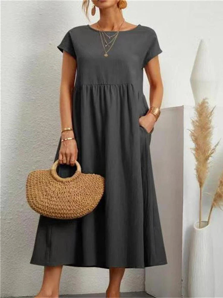 Linen Woven Pocket Maxi Dress — Women's | Relaxed Fit | Effortless Everyday