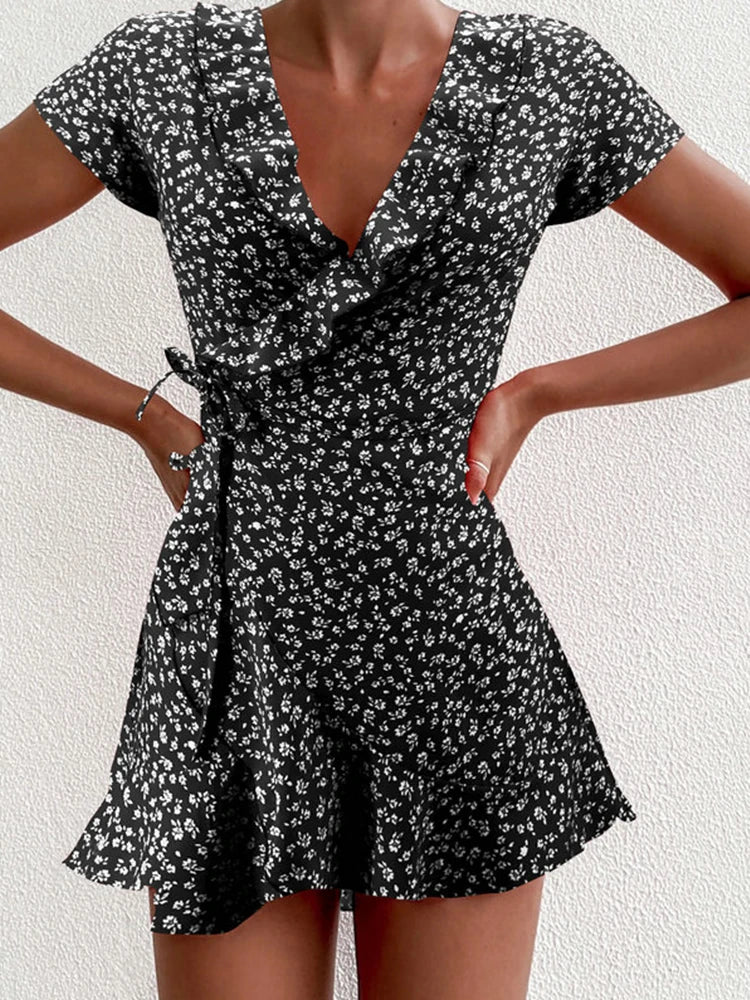 Floral Ruffle Wrap Woven Mini Dress — Women's | Adjustable Wrap Fit | Feminine Occasion