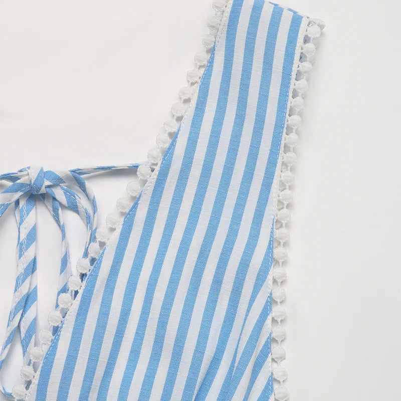 Striped Lace-Up Woven Mini Dress — Women's | Fitted Silhouette | Playful Summer