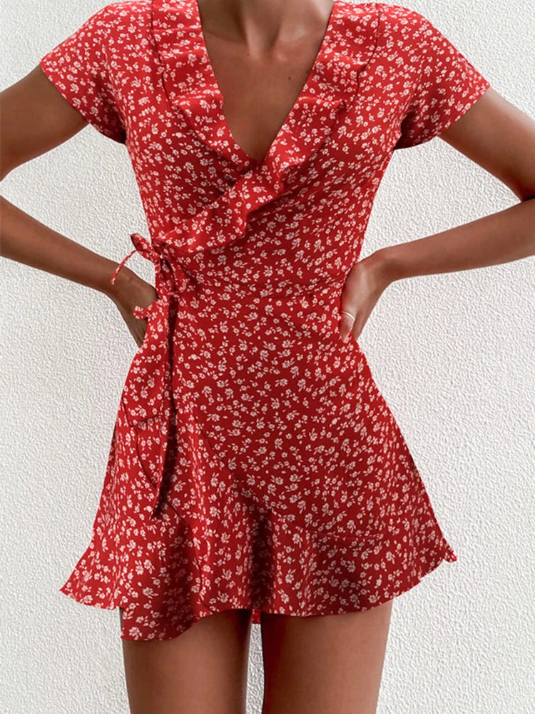 Floral Ruffle Wrap Woven Mini Dress — Women's | Adjustable Wrap Fit | Feminine Occasion