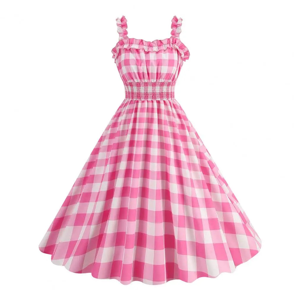 Plaid Strap Swing Woven Dress — Women's | Full Skirt Silhouette | Playful Pattern