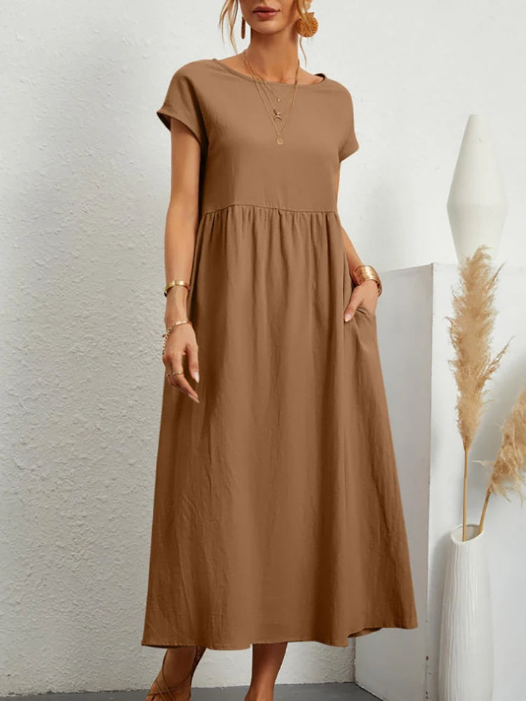Linen Woven Pocket Maxi Dress — Women's | Relaxed Fit | Effortless Everyday
