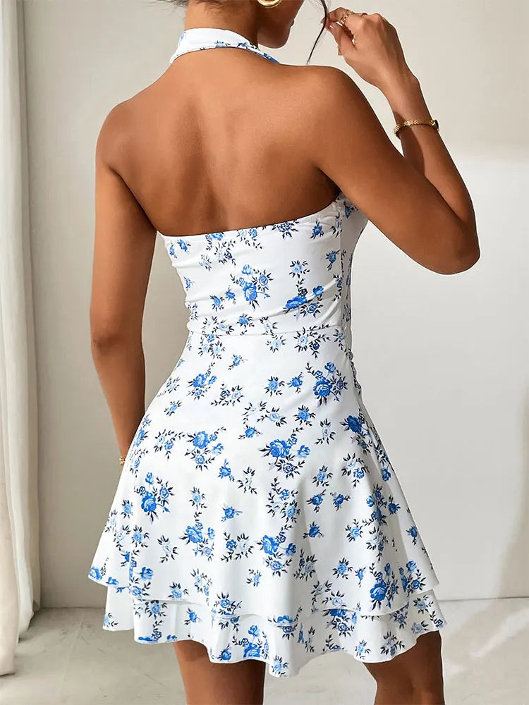 Floral Halter Backless Woven Mini Dress — Women's | Open Back | Sultry Summer