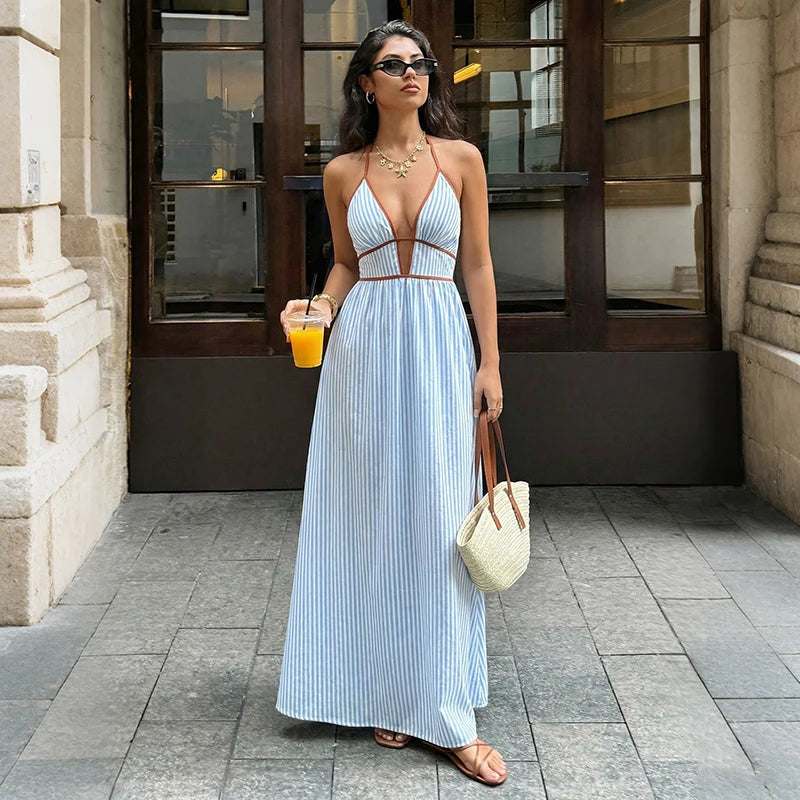 Striped V-Neck Woven Maxi Dress — Women's | Relaxed Fit | Beach & Resort