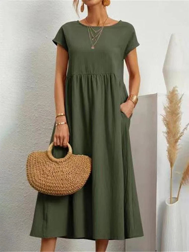 Linen Woven Pocket Maxi Dress — Women's | Relaxed Fit | Effortless Everyday