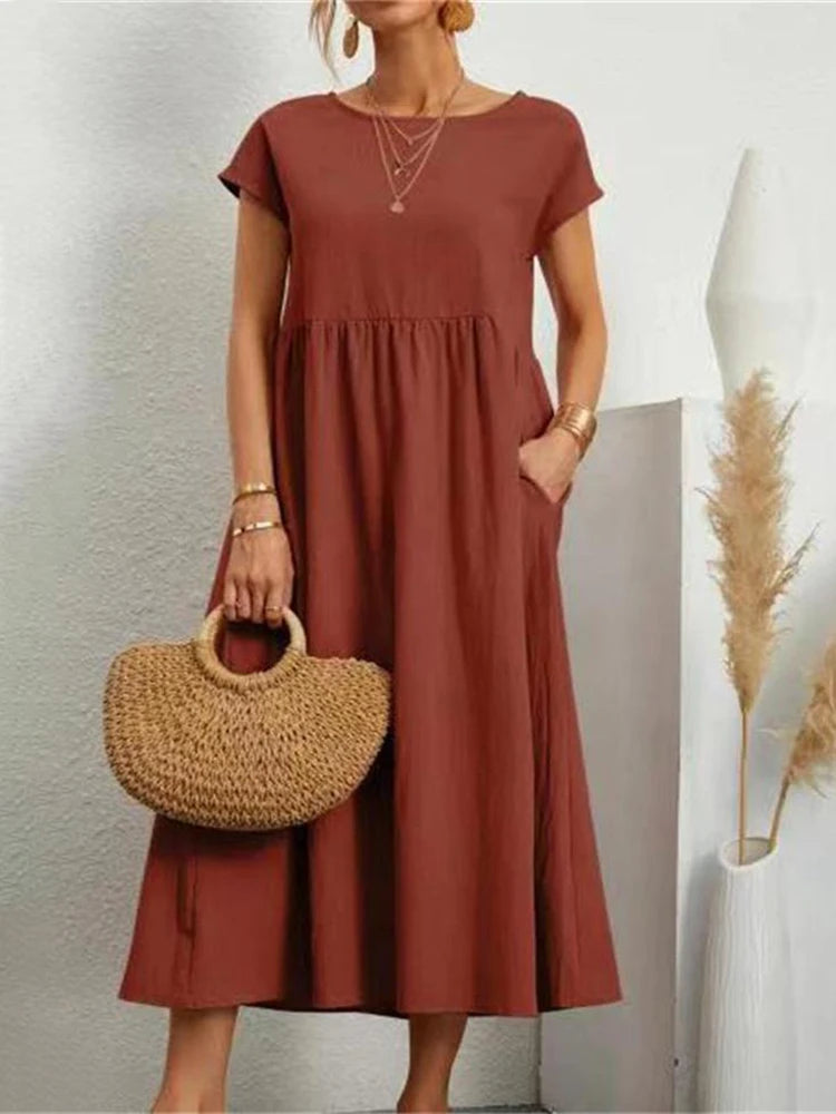 Linen Woven Pocket Maxi Dress — Women's | Relaxed Fit | Effortless Everyday