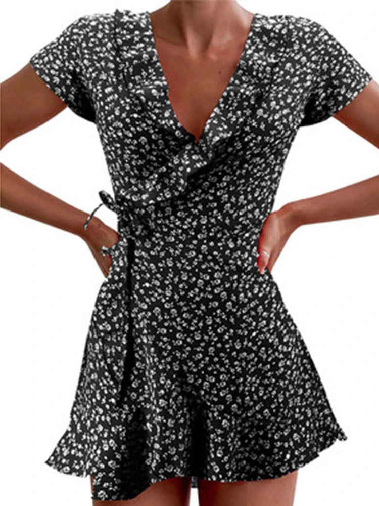 Floral Ruffle Wrap Woven Mini Dress — Women's | Adjustable Wrap Fit | Feminine Occasion