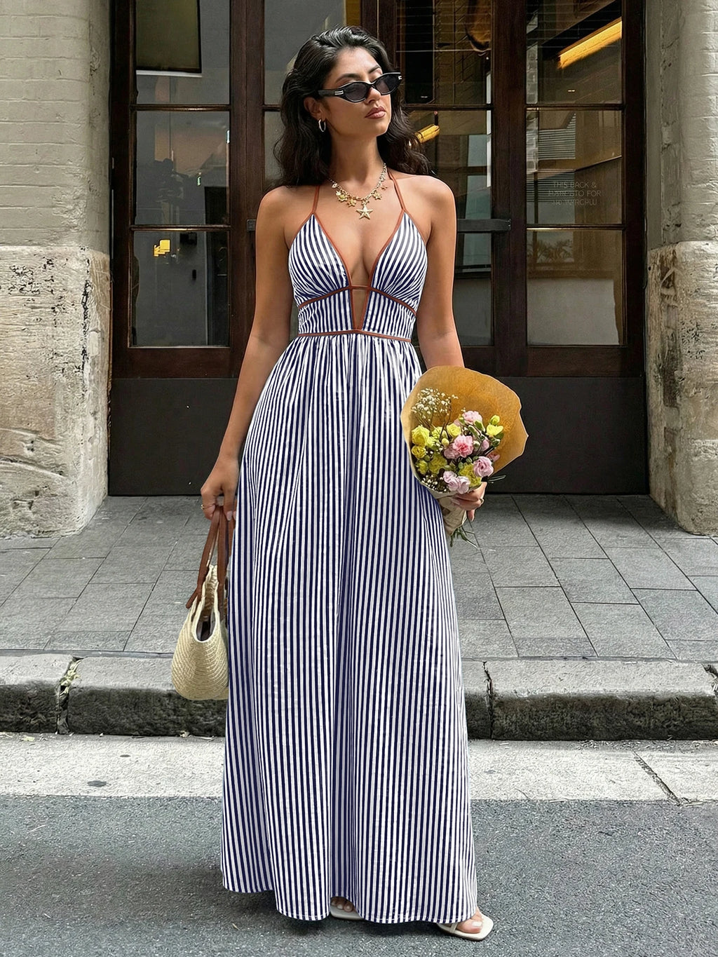 Striped V-Neck Woven Maxi Dress — Women's | Relaxed Fit | Beach & Resort
