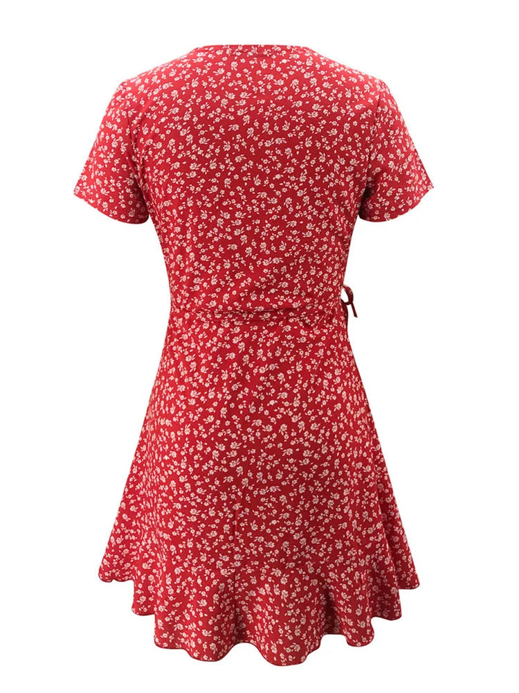 Floral Ruffle Wrap Woven Mini Dress — Women's | Adjustable Wrap Fit | Feminine Occasion