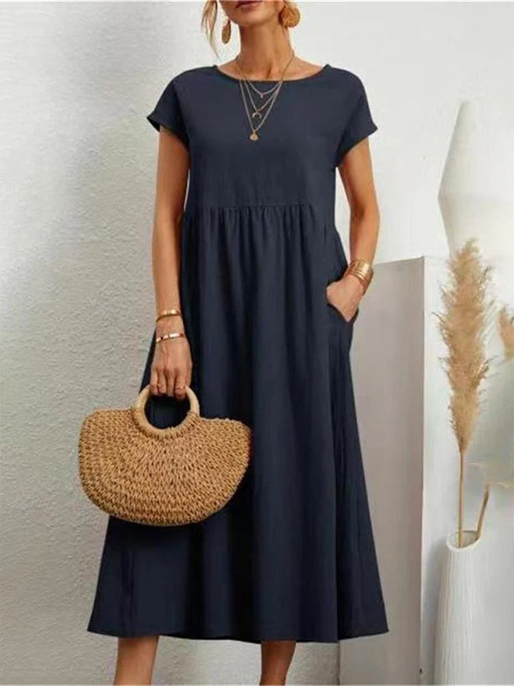 Linen Woven Pocket Maxi Dress — Women's | Relaxed Fit | Effortless Everyday
