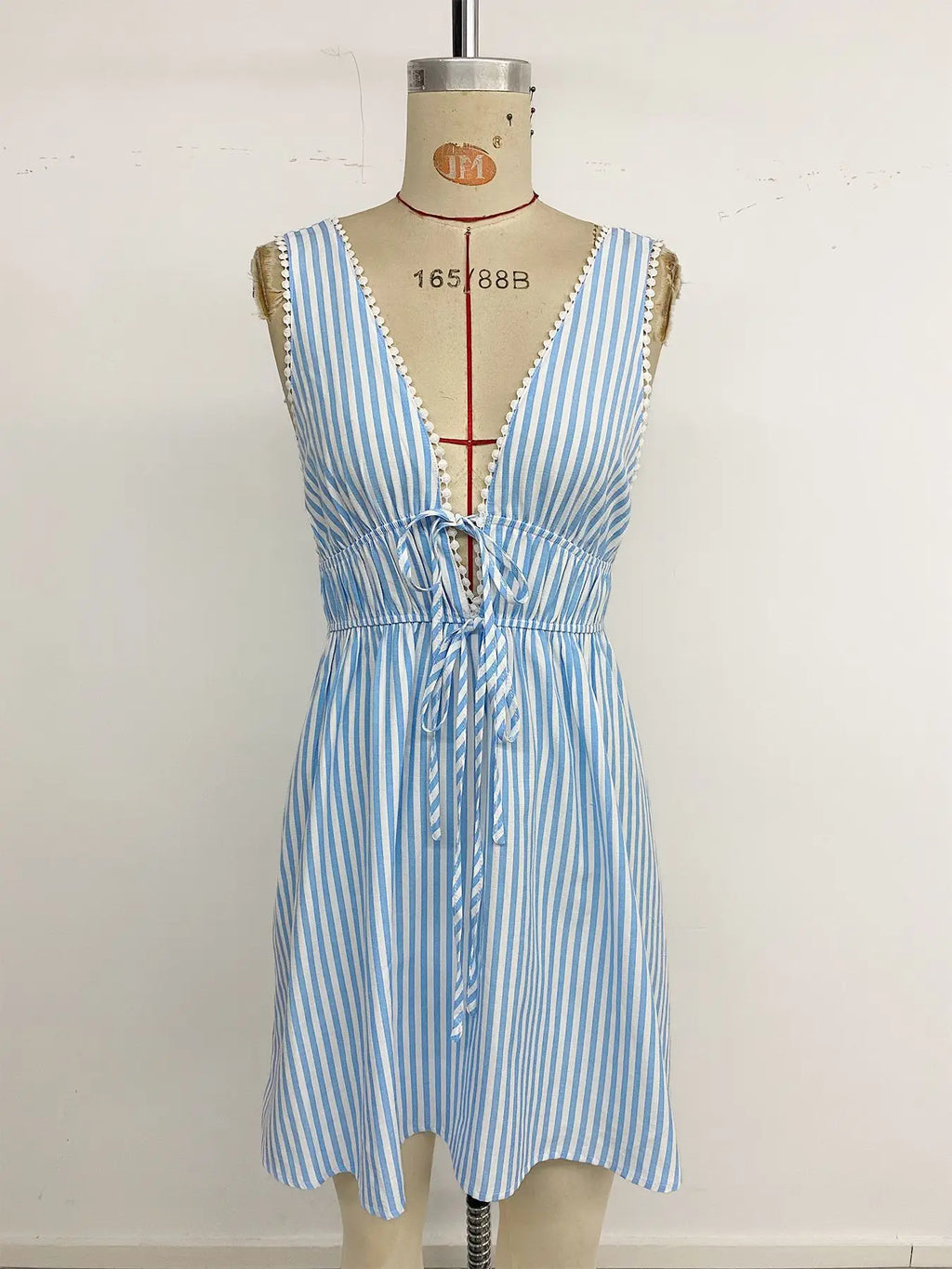 Striped Lace-Up Woven Mini Dress — Women's | Fitted Silhouette | Playful Summer